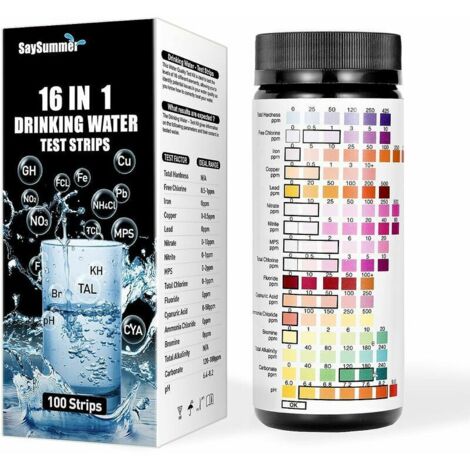 16 in 1 Water Tester, Water Hardness, 100 Tap Water Test Strips, Water Test Kit for Lead, pH, Copper, Iron, Nitrate, Chlorine and More (1/5)