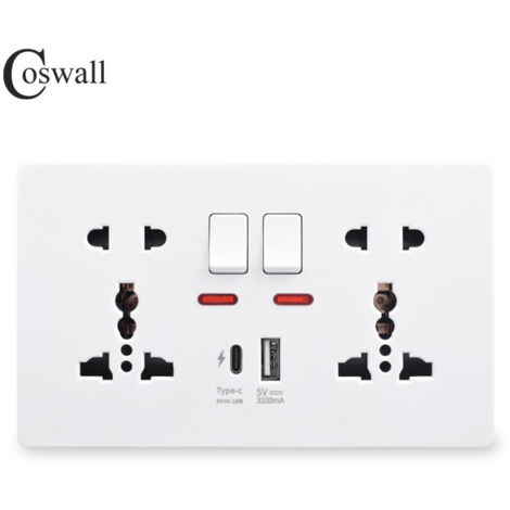 146PC 13A Switched Socket with Outboard Rockers and Dual USB (A+C) 5V,Multifunctional 5-hole Fast Charging Socket,White (1/3)