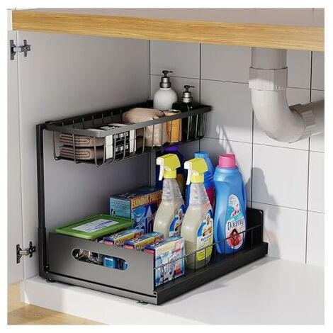 Under Sink Storage, 2 Tier Sliding Cabinet Organizer, Multi-Purpose for Kitchen and Bathroom Under Sink Storage and Organization (Black) (1/5)
