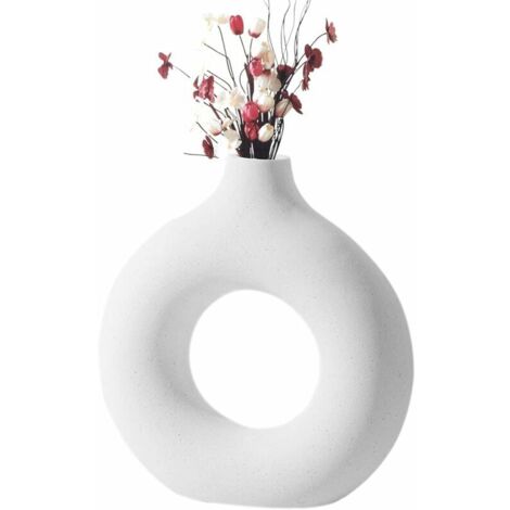 Modern Nordic Style Ceramic Vase Round Shape Donut Design Hollow Round Beige White Ceramic Vase Ceramic Flower Vase for Decorating Living Room Desktop Table (Small) (1/5)