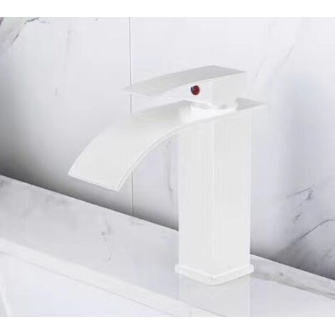Waterfall Basin Sink Mixer Tap Bathroom Lever Single Handle Leadless Brass Faucet,Tap Bathroom for Cold and Hot Water,With 2 × G3/8’’ hoses,White - A (1/5)