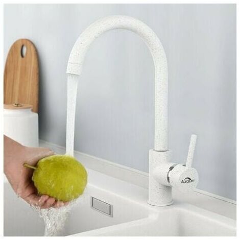 High Spout Kitchen Faucet, Single Handle Sink Mixer Tap, 360° Rotatable, Brass Hot and Cold Water Kitchen Mixer Tap with Detachable Aerator, U-Form, White (1/5)
