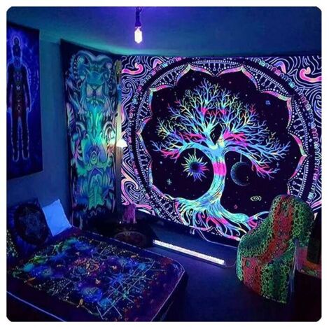 Indian Wall Hangings Tree of Life Fluorescence Uv Tapestry Psychedelic Wall Hanging Blanket Multicolor Hippie Tapestry Uv Decoration Personalized for Bedroom Living Room,230x180cm (1/5)