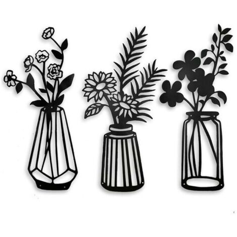 3 Piece Metal Flower Wall Decor, Metal Vase Flower Wall Sculpture, Black Metal Wall Decor Art for Living Room Bathroom Bedroom, Black Wall Art for Kitchen (1/5)