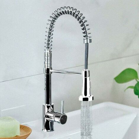 Chrome Monobloc Kitchen Sink Mixer Tap Swivel and Spring Spout Pull Out Hose Spray Single Lever Swan Neck Faucet (1/5)