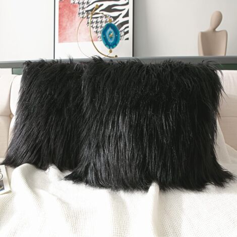 2 Pack Decorative Faux Fur Throw Pillow Covers Velvet Fluffy Cushion Covers for Living Room Bed Couch Sofa Chair, 18x18'', Black (1/5)