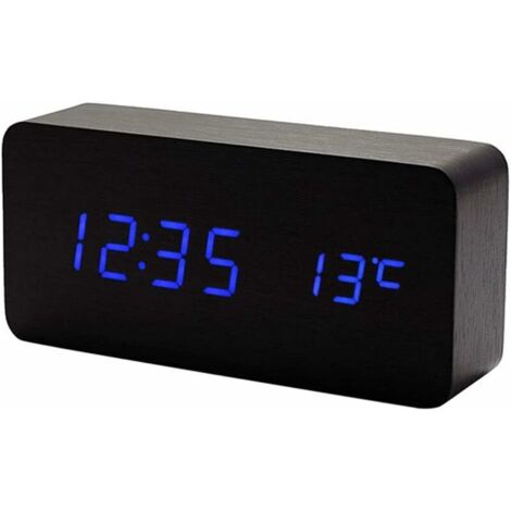Wooden Digital Clock - Multifunction LED Alarm Clock with Time/Date/Temperature Display and Voice Control-BlackBlue (1/5)