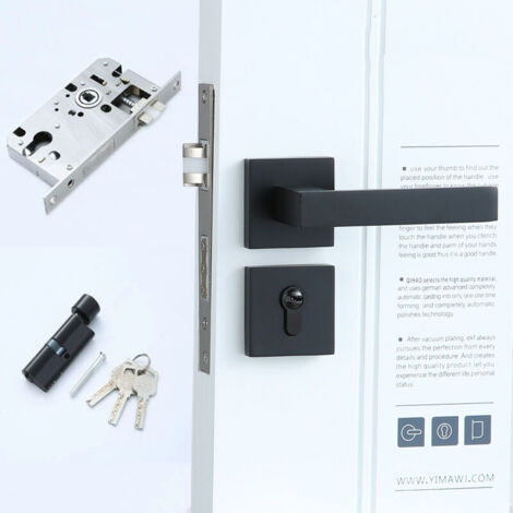 Square Rosette Door Handles Aluminum Stainless Steel Handle - Entrance Door, Bedroom, Office, Kitchen - Lock Plate - Door from 35 to 55 mm(Matte Black Silent) (1/5)