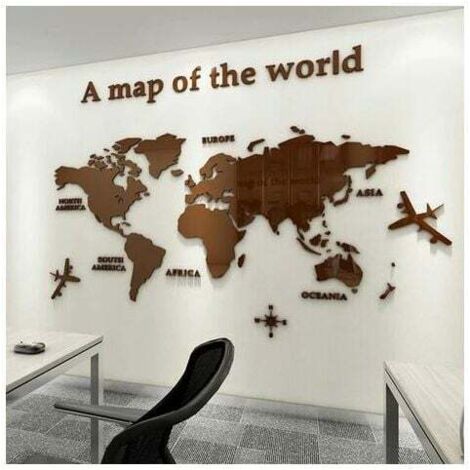 3D Art World Map Murals Wall Stickers Wall Decoration Decor Decal Sticker Self-adhesive Murals Wall DIY Acrylic Crystal Office Study Living Room Sofa Background Decor 80 40cm (Brown) (1/5)