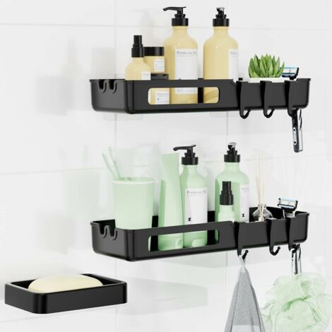 Bathroom Shelf Without Drilling, Rustproof Shower Shelf, Stainless Steel Shower Holder Without Drilling 2 Pieces with Soap Dish and 6 Hooks, For Soap Holder Shaver Holder Bathroom Accessory (1/5)