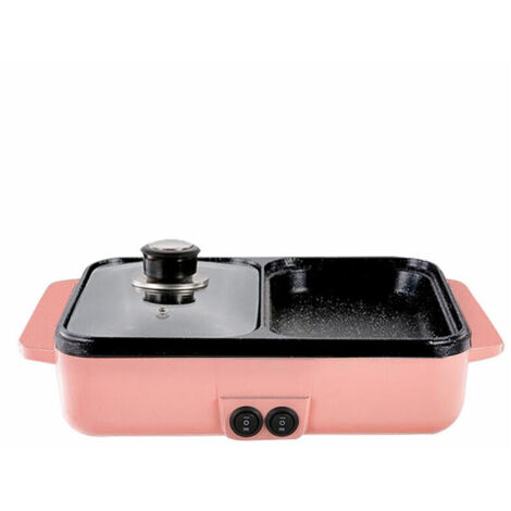 2 in 1 Multifunctional 1400W Electric Kitchen Hot Pot Barbecue Stove Hot Pot Egg Noodle Soup Barbecue Plancha Nonstick Grill Barbecue Pan (Pink, EU Plug 220V) (1/3)