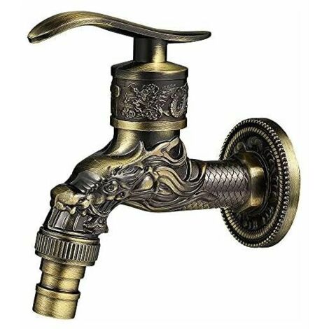 Retro Brass Wall Mounted Faucet, G1/2" Outdoor Garden Faucet, Antique Brass Faucet, Vintage Wall Mounted Faucet, Antique Copper Dragon Carved Faucet for Kitchen Bath Garden (1/5)