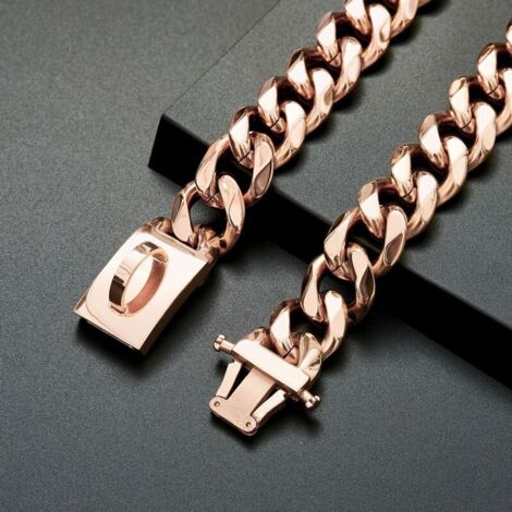 Rose Gold Chain Dog Collar, Cuban Link Chain Dog Collar, 19MM Stainless Steel Link Chain Dog Collar, Metal Walking Collar (1/5)