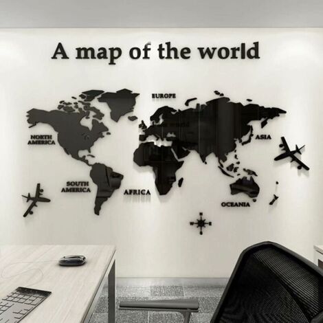 3D Art World Map Murals Wall Sticker Wall Decoration Decor Decals Sticker Murals Wall DIY Acrylic Crystal Office Study Living Room Sofa Background Decor (Black, 80 40cm) (1/5)