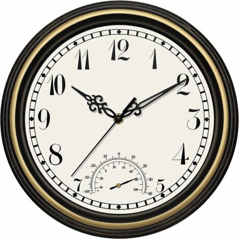Indoor Outdoor Waterproof Wall Clock with Thermometer, Retro Silent Non-Ticking Round Clock for Garden Patio Yard Bathroom Home (12 Inch, Black Gold) (1/5)
