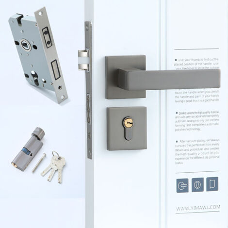 Square Rosette Door Handles Stainless Steel Aluminum Handle - Entrance Door, Bedroom, Office, Kitchen - Lock Plate - Door from 35 to 55 mm(Magnetic Grey)