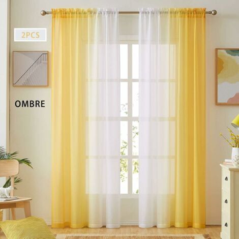 Yellow Ombre Faux Linen Sheer Curtains for Bedroom Living Room Rod Pocket Reversible 2 Tone Ombre Voile Semi Window Curtains Privacy and Light Filtering, 2 Panel Set, Length 54 x 96 Inches (1/5)
