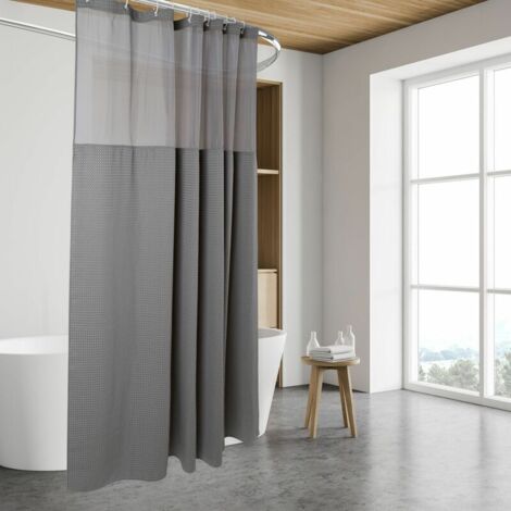 Waffle Braided Shower Curtain Hookless, Loop Liner - 71w x 72H, Hotel Quality, Spa Shower Curtain, Gray (1/4)
