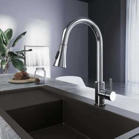 Meykoers Kitchen Tap Pull Out with 2 Spray Modes 360° Rotatable Kitchen Stainless Steel Sink Tap, Adjustable Hot and Cold Water (1/5)