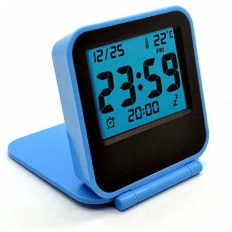 Mini Digital Travel Alarm Clocks with LCD Night Light, Battery Operated Travel Clock, Mini Portable Folding Pocket Temperature Clock for Outdoor, Bed, Desk, Table, Camper (Blue)