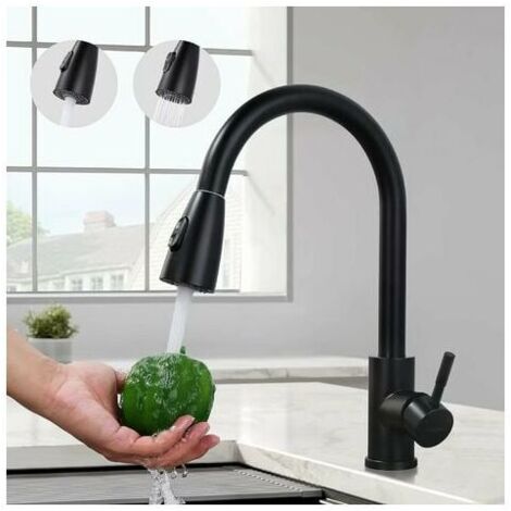 Black kitchen tap, sink mixer with pull-out spray in stainless steel, kitchen mixer with 2 jet modes, high and 360° rotating spout, anti-corrosion