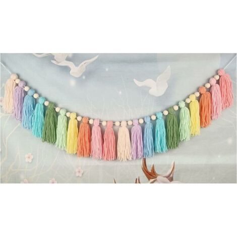 Garland, Rainbow Pompom Garland Room Decor with Wooden Beads Colorful Garland for Girls Bedroom Wall Classroom Parenting Party Nursery Birthday Baby Shower Decor (1/5)