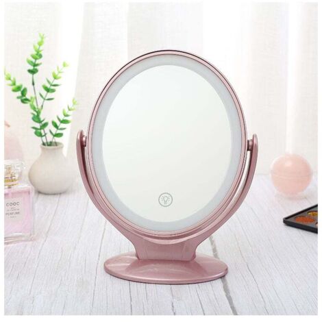 Double-Sided Magnifying Mirror Makeup Mirror with LED Lights, 360° Rotation, 3-Level Dimmable Touch Screen, USB Rechargeable, Illuminated Travel Mirror，Pink (1/5)