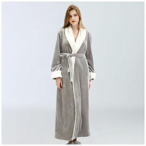 Women's Fleece Bathrobe, Dressing Gown Soft Bathrobe with Pockets Winter Christmas Gift L Gray WHWY (1/5)