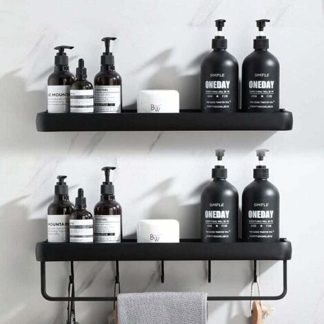 Shower Shelf without Drilling Bathroom Shelf with Towel Rail and Aluminum Hook Storage Shelf for Shower and Kitchen Set of 2 Black (1/5)