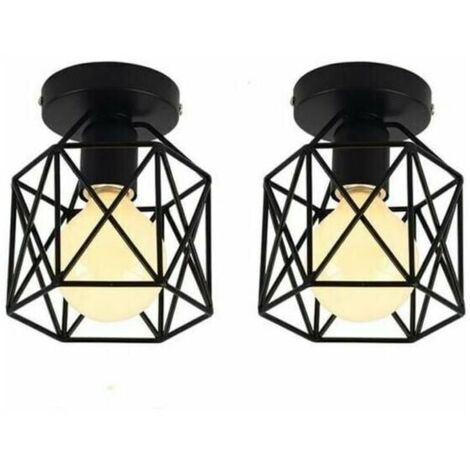 Set of 2 Industrial Metal Square Cage Ceiling Light, Chandelier Iron Shade Light Fixture E27 40W Black for Living Room Bedroom Bar (1/5)
