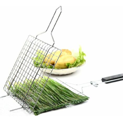 BBQ Grill Basket, Camping Travel Stainless Steel Barbecue Cooking Grill Grilling Basket with Wooden Handle for Sausage Fish Vegetables, 23 x 22 cm (1/5)