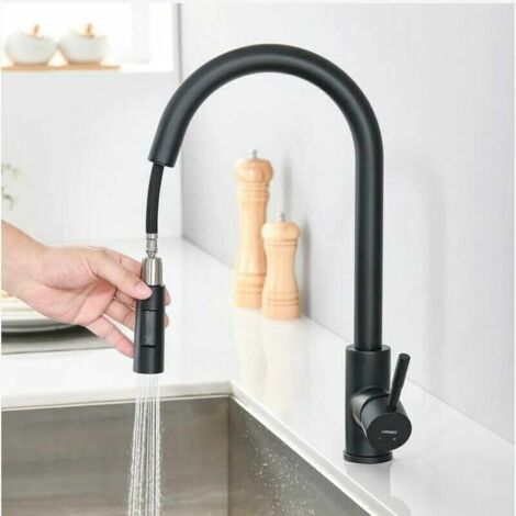 One Piece Kitchen Faucet with Pull Out Spray Matte 360° Swivel Stainless Steel Kitchen Sink Faucet 2 Functions Kitchen Faucet (Black) (1/5)