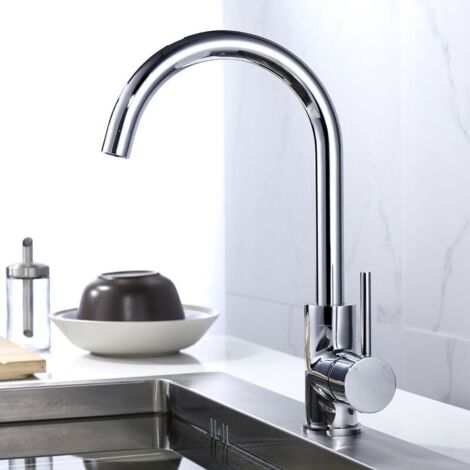 Contemporary Chrome Kitchen Single Lever Sink Tap With 360 Swivel Curved Spout (1/5)