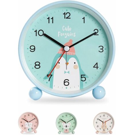 Child Boy Girl Alarm Clock, Educational Alarm Clock for Kids - Day/Night, Easy to Set and Battery Operated, Night Light Silent Non-ticking Travel Alarm Clock (Penguin) (1/5)