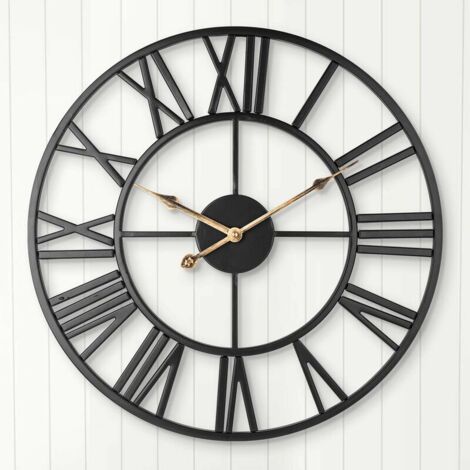 Silent Wall Clock, European Farmhouse Vintage Clock with Roman Numerals, 40cm Metal Skeleton Battery Operated No Ticking Decorative Clock for Home Kitchen (Black) (1/5)
