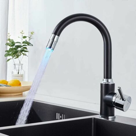 Black LED Kitchen Faucet 3 Color Variation Black U Shaped Kitchen Sink Faucet 360° Swivel Brass Kitchen Sink Mixer (1/5)