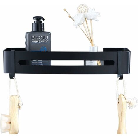 Bathroom Shelf, Black No Drilling Shower Shelves with 2 Hooks, Aircraft Aluminum Bathroom Wall Shelf, Adhesive Shower Caddy, Durable, Rustproof (1/5)
