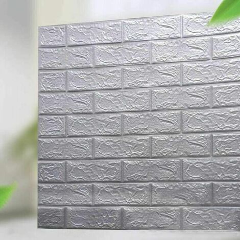 10 Pieces 3D Tiles Brick Wall Sticker Waterproof Foam Self Adhesive Wallpaper, 3D Brick Wall Stickers, Removable Polyethylene Foam Self Adhesive Wallpaper (Silver Gray) (1/3)