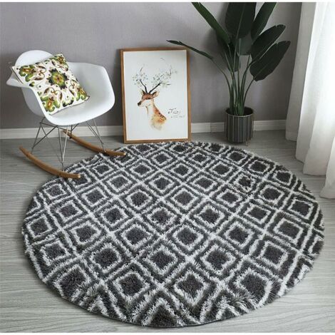 Soft Round Non-Slip Cozy Rug, Washable Soft Shaggy Rug, Decorative Rug for Bedroom, Living Room, Sofa and Chair Decoration, Diamond Lattice, Gray 100cm (1/5)