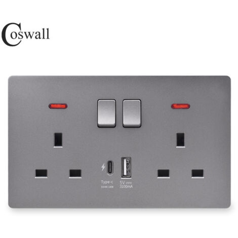 Double Switched Socket 13 Amp with USB A and Type C Charging Ports Wall Outlet Electric Power Socket,Gray (1/3)