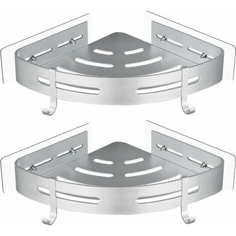 No Drilling Metal Corner Shower Shelf with 2 Hooks, Shower Shelf and Storage, for Bathroom Items 2 Pieces (Silver) (1/5)