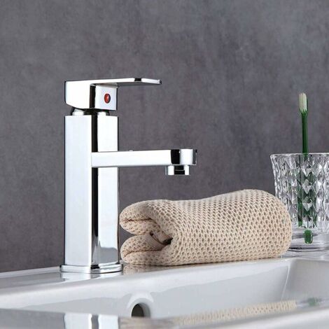 Modern Square Solid Brass Basin Sink Tap Waterfall Effect Washroom Bathroom Mono Mixer Single Lever Tap Chrome Hot & Cold Water