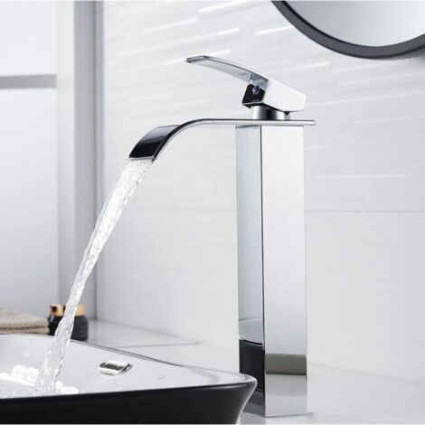 Modern Tall Waterfall Basin Faucet, Elegant Design Bathroom Faucet, Tall Single Handle Brass Basin Mixer Tap, Hot and Cold Water Available (1/5)