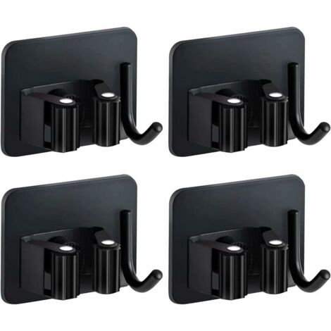 4 Pieces Broom Holder, Self Adhesive Wall Mounted Broom Holder Without Drilling, Mop Holder with Hooks for Kitchen Bathroom Garden (Black) (1/4)