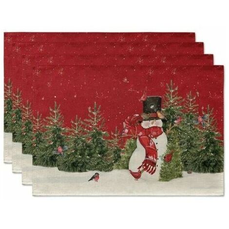 Set of 4 Christmas Placemats Snowman Red Pine Holiday Decor Washable Kitchen Dining Table Party Decoration 30x45cm (1/5)