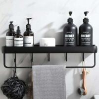 No Drilling Shower Shelf Bathroom Rack With Towel Rack Aluminum Hook Storage Rack For Shower And Kitchen Set 1 Piece Black
