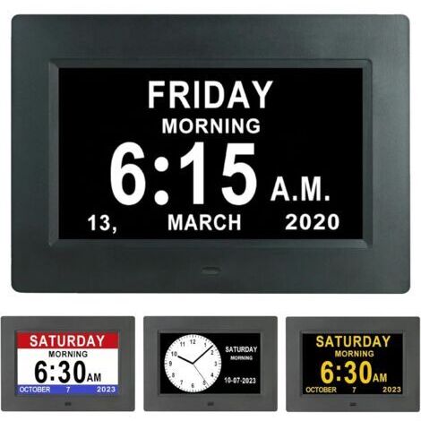 7-Zoll-LCD-Digitaluhr mit Kalender, Datum, Wochentag und Uhrzeit, nicht abgekürzter Uhrzeit, automatischer Dimmfunktion, 8 Sprachen, HD-Display, Erinnerungsfunktion für Alzheimer-Patienten, Senioren u (1/5)