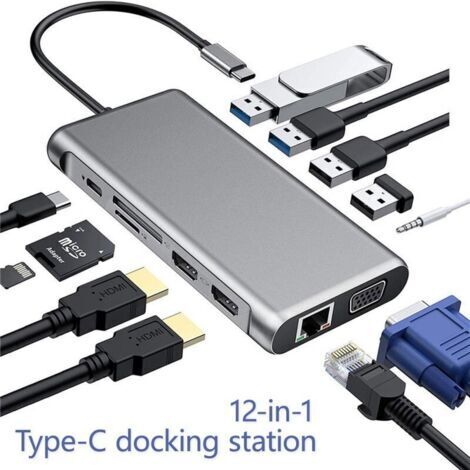 12-in-1 USB-C-Hub – 4 USB 3.0-Anschlüsse – 4K HDMI- und VGA-Videoausgang – SD/TF-Kartenleser – Dockingstation für MacBook (1/5)