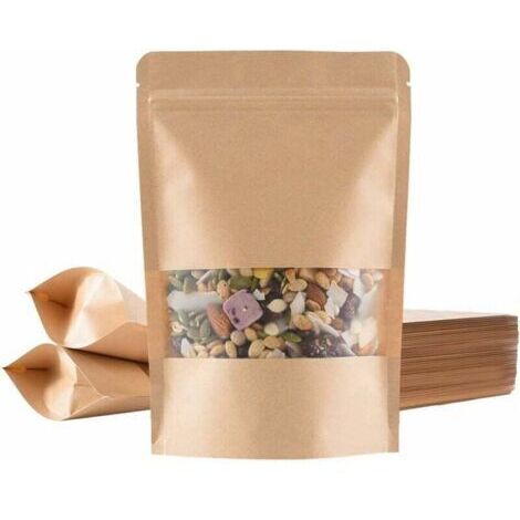 100 Kraftpapiertüten mit Sichtfenster (14 x 20 cm), lebensmittelechte Kraftpapiertüten, FDA-zertifiziert, materialsicher, für die Verpackung von Saatgut und Snacks (1/5)