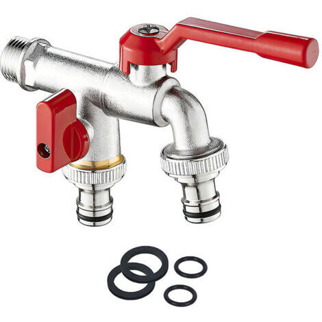 Doppelter Gartenwasserhahn – 3/4"-Messing-Wasserhahn, Außenwandhahn mit 2 x 3/4"-Auslässen für Garten, Waschmaschine, Regentonne, rostfrei und frostbeständig (1/5)
